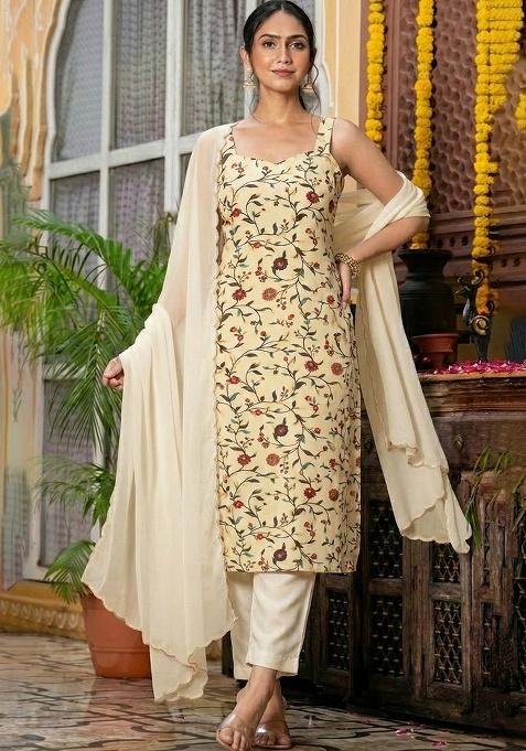 Cream Floral Print Silk Straight Kurta Set