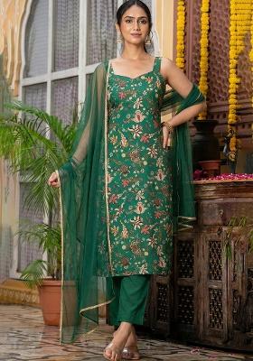 Forest Green Floral Print Silk Kurta Set