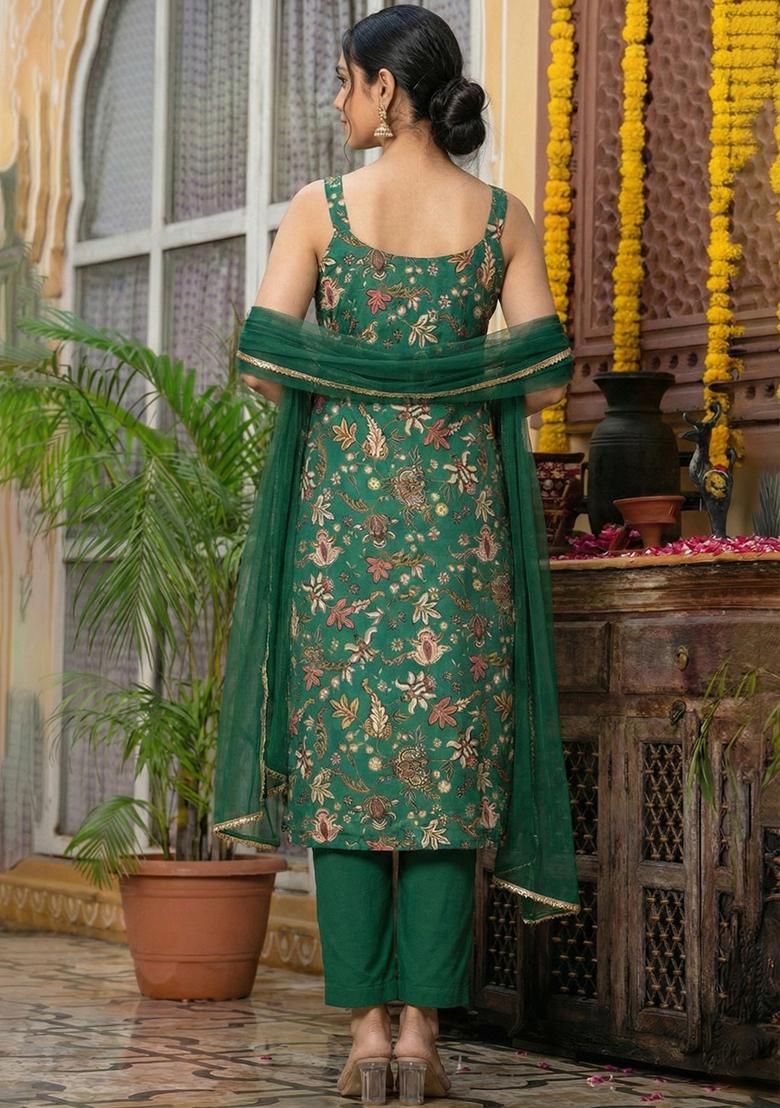 Forest Green Floral Print Silk Kurta Set - Indya