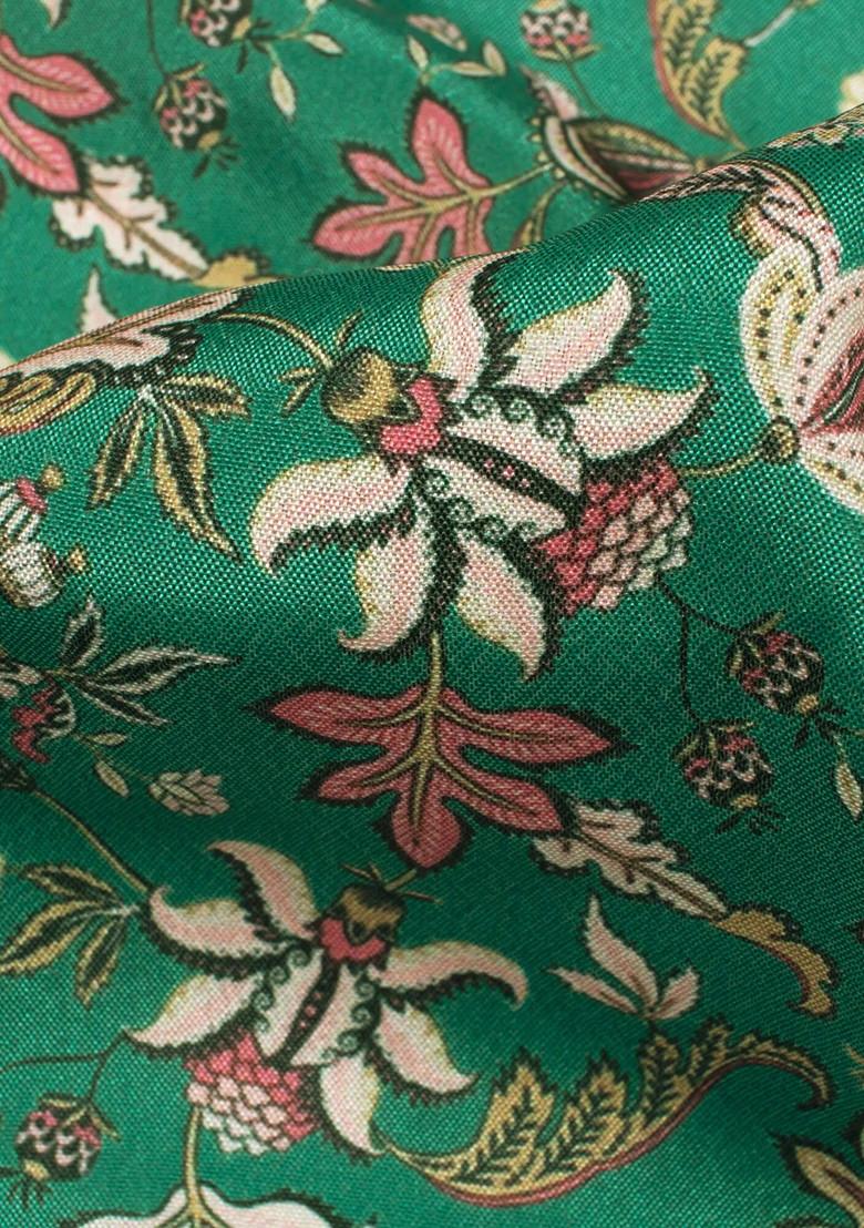 Forest Green Floral Print Silk Kurta Set - Indya