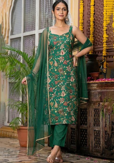 Forest Green Embroidered Silk Straight Kurta Set