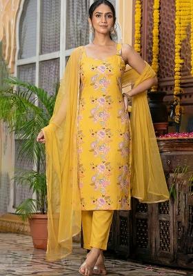 Butter Yellow Floral Print Silk Kurta Set