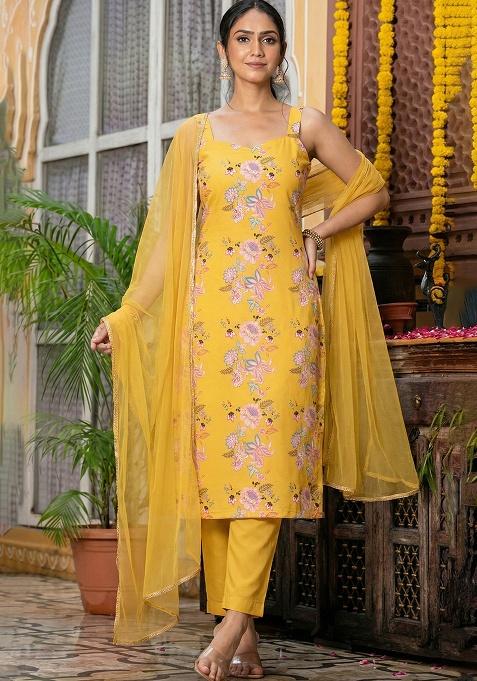 Butter Yellow Floral Print Silk Straight Kurta Set