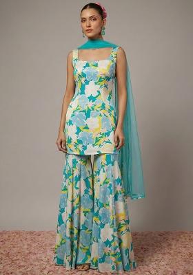 Aqua Blue Floral Print Satin Sharara Set
