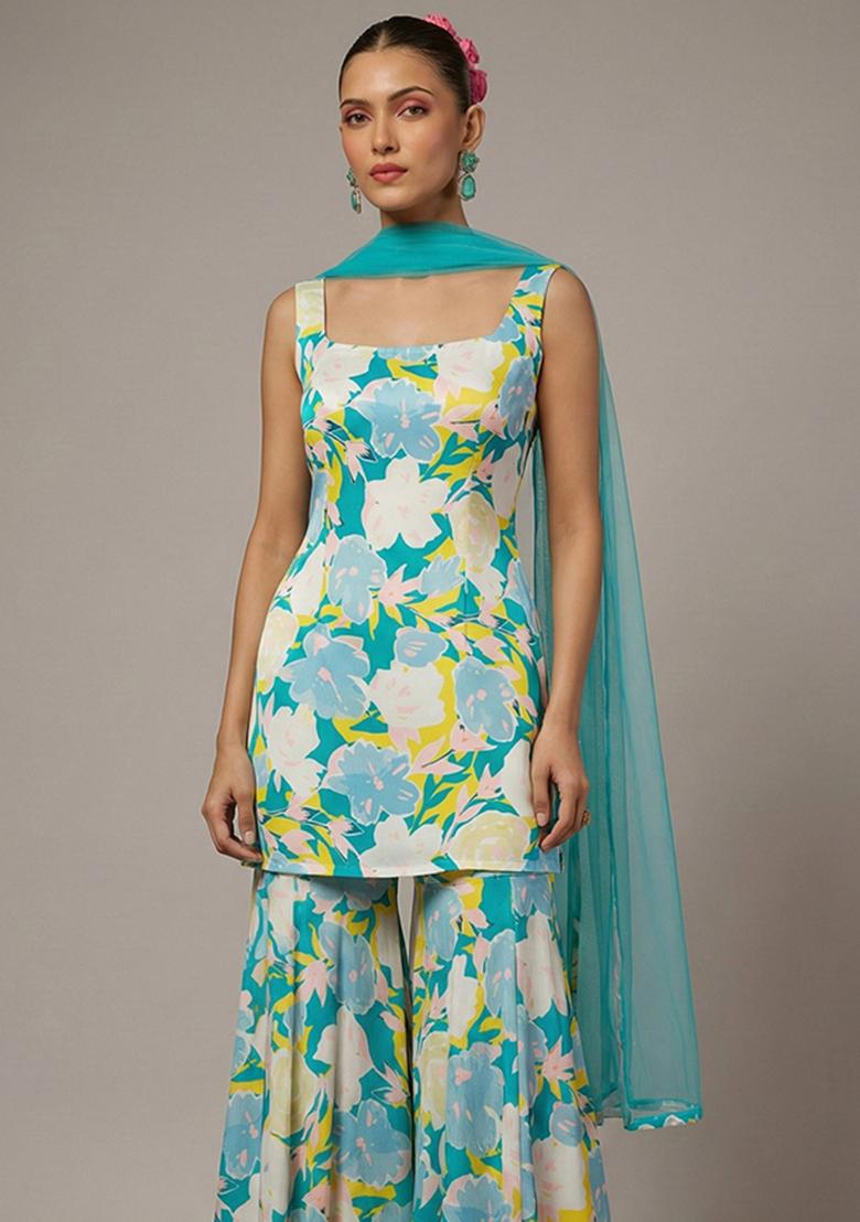 Aqua Blue Floral Print Satin Sharara Set - Indya