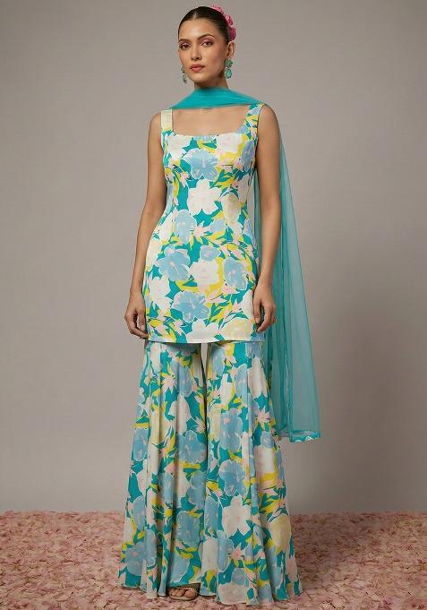Aqua Blue Floral Print Satin Sharara Set