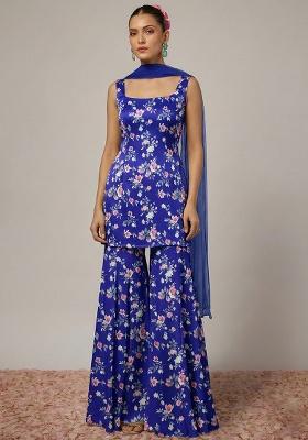 Purple Floral Print Satin Sharara Set