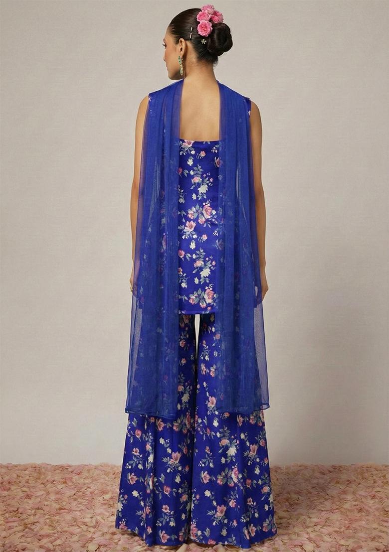 Purple Floral Print Satin Sharara Set - Indya