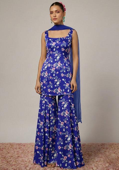 Purple Floral Print Satin Sharara Set