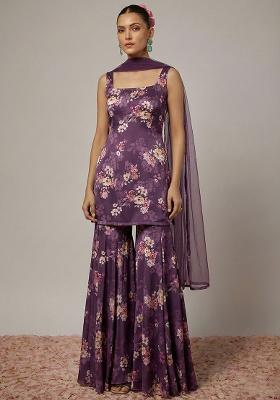 Purple Floral Print Satin Sharara Set