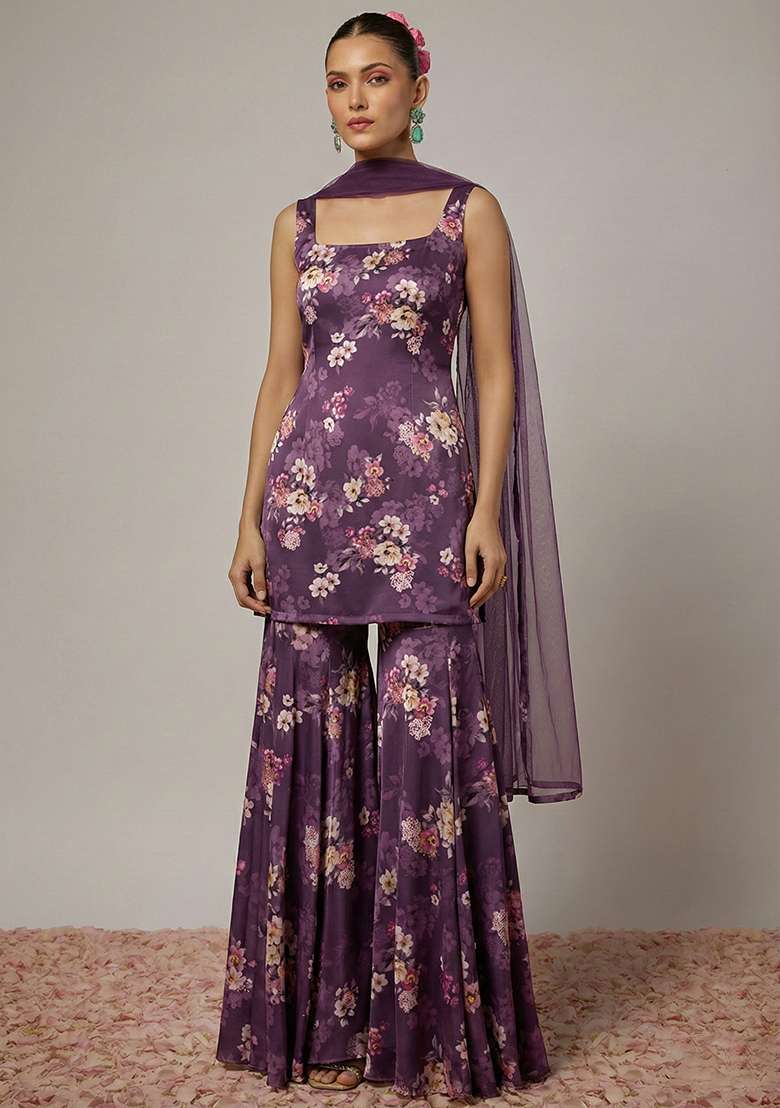 Purple Floral Print Satin Sharara Set - Indya