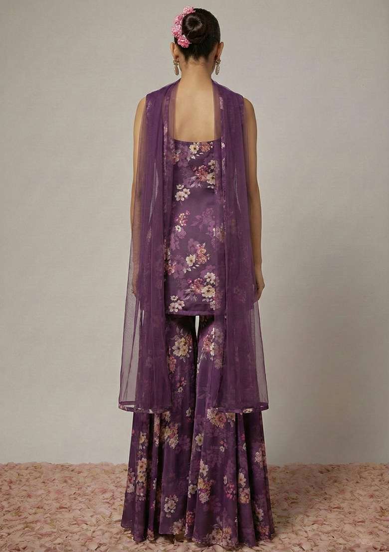 Purple Floral Print Satin Sharara Set - Indya