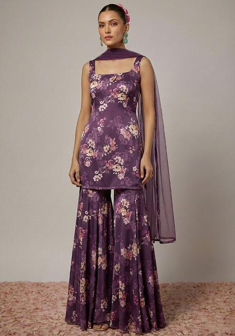 Purple Floral Print Satin Sharara Set
