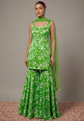 Leaf Green Floral Print Satin Sharara Set
