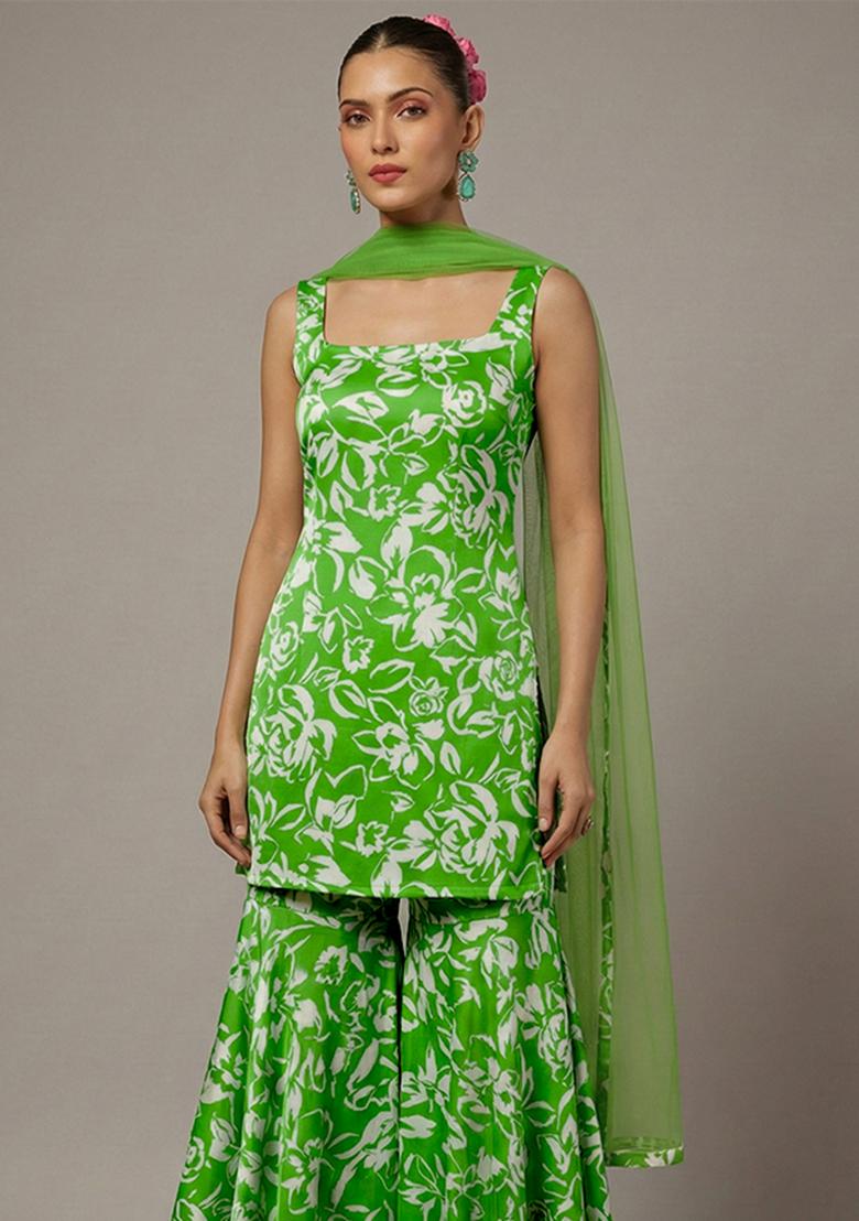 Leaf Green Floral Print Satin Sharara Set - Indya