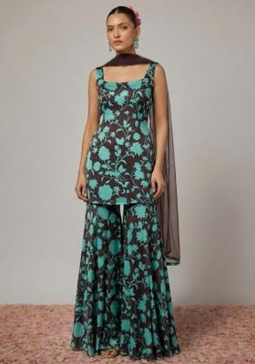 Blue Floral Print Satin Sharara Set