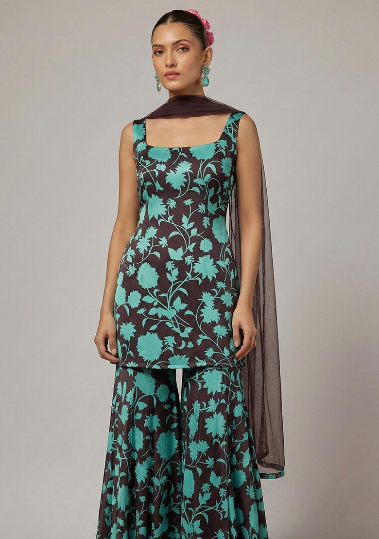 Blue Floral Print Satin Sharara Set - Indya