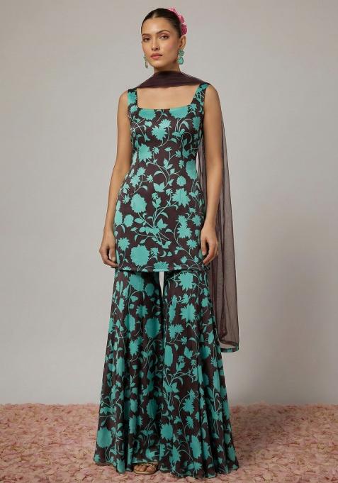 Blue Floral Print Satin Sharara Set
