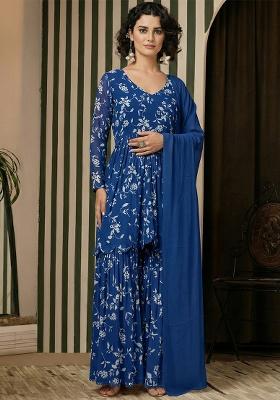 Royal Blue Floral Print Georgette Sharara Set