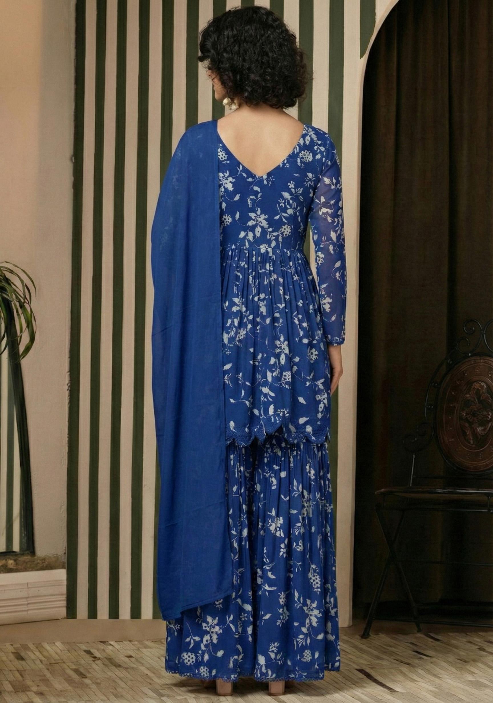 Royal Blue Floral Print Georgette Sharara Set - Indya