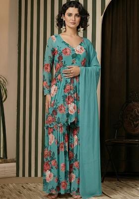 Aqua Green Floral Print Georgette Sharara Set