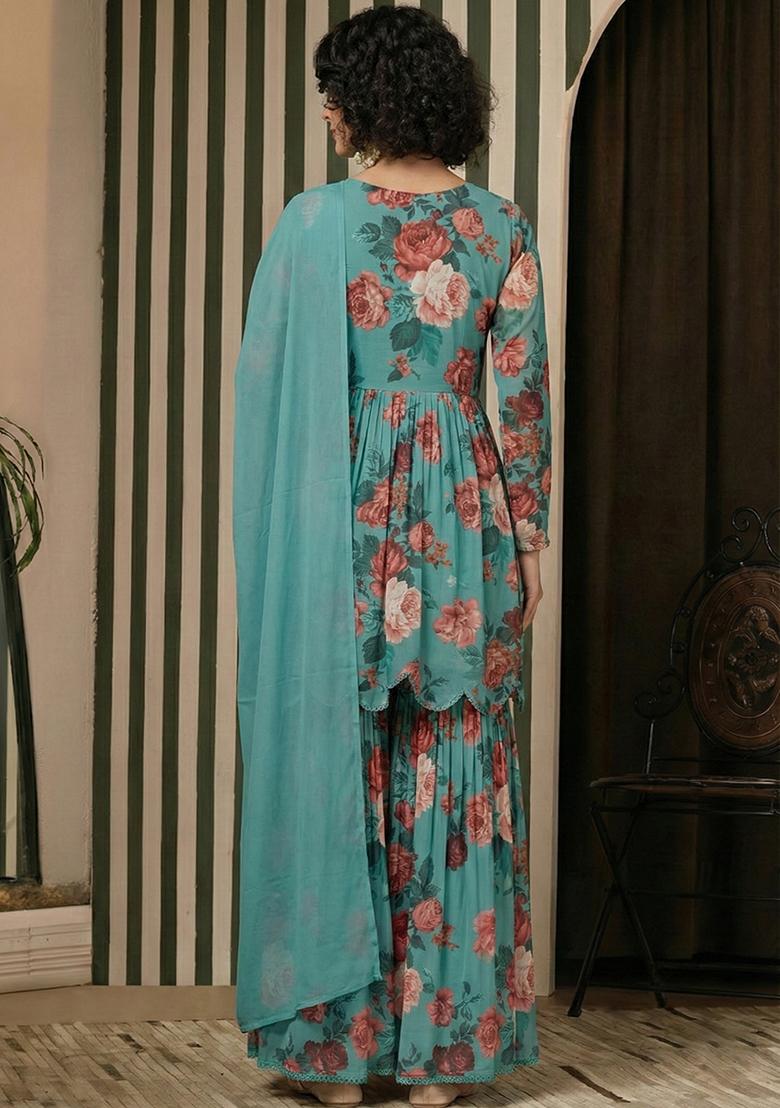 Aqua Green Floral Print Georgette Sharara Set - Indya