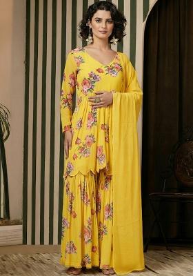 Light Yellow Floral Print Georgette Sharara Set