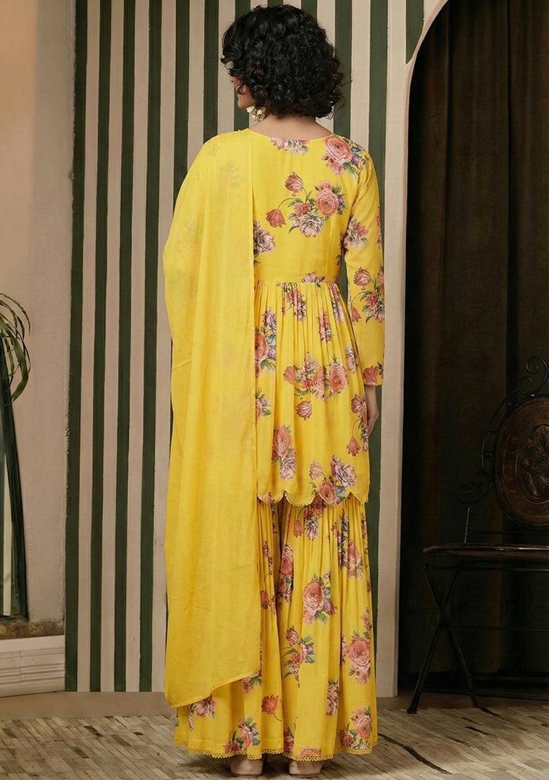 Light Yellow Floral Print Georgette Sharara Set - Indya