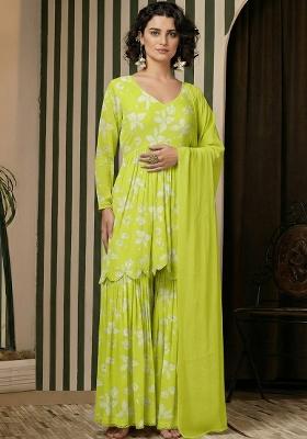Lime Green Floral Print Georgette Sharara Set