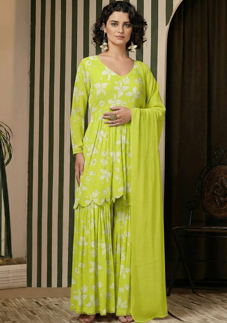 Lime Green Floral Print Georgette Sharara Set - Indya