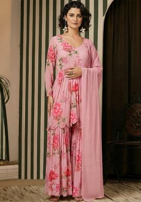 Blush Pink Floral Print Georgette Sharara Set