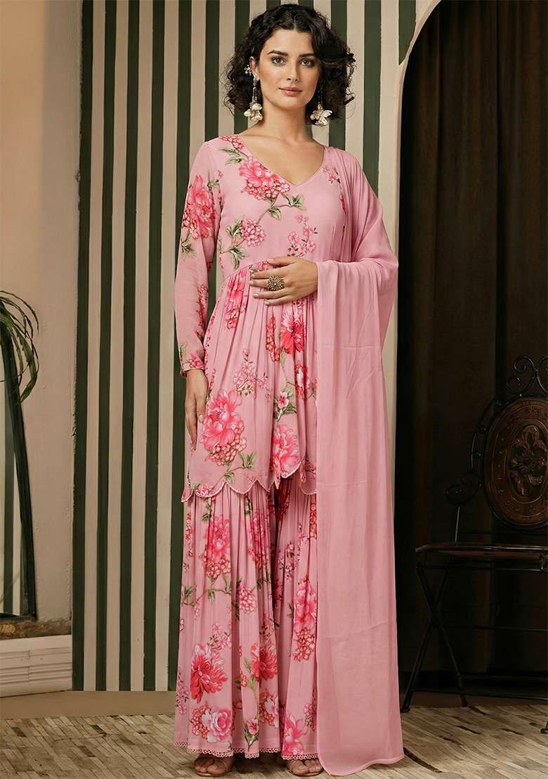 Blush Pink Floral Print Georgette Sharara Set - Indya