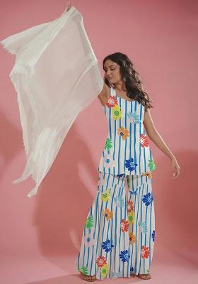 Blue Floral Print Silk Sharara Set