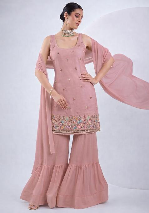 Pink Embroidered Silk Sharara Set