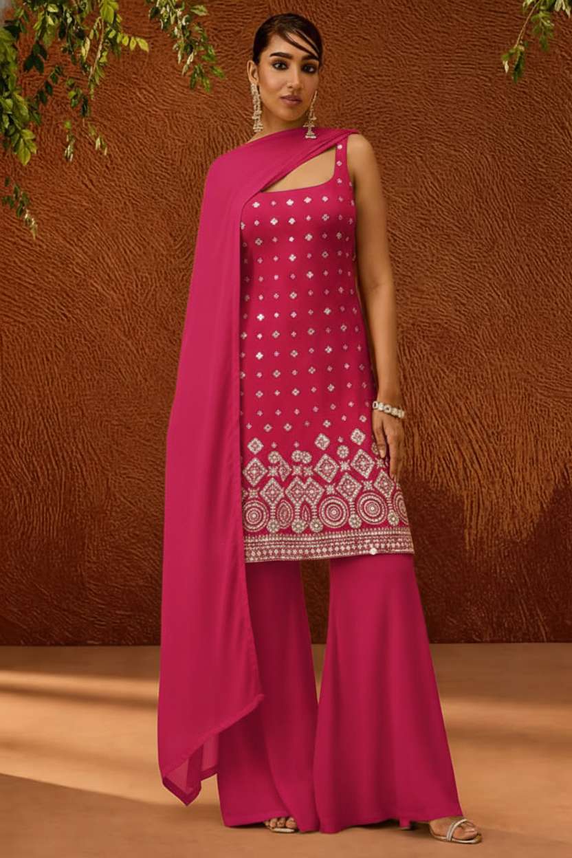 Rani Pink Embroidered Georgette Sharara Set - Indya