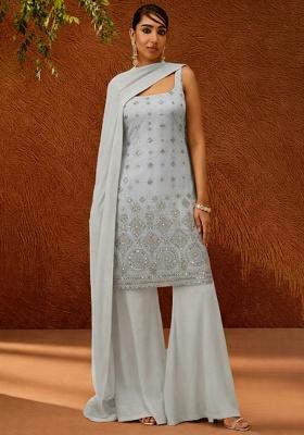 Light Grey Embroidered Georgette Sharara Set