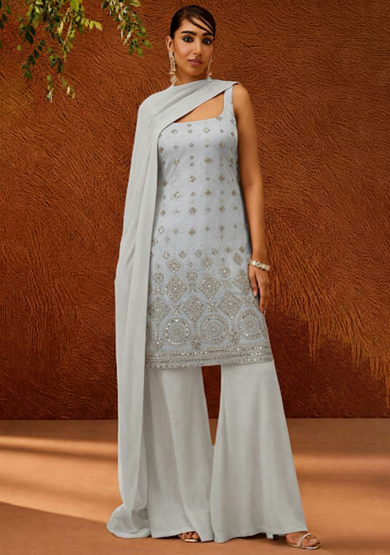 Light Grey Embroidered Georgette Sharara Set - Indya