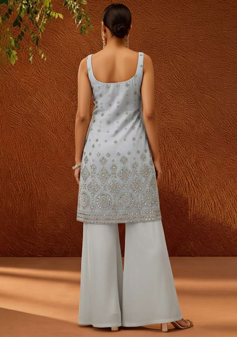 Light Grey Embroidered Georgette Sharara Set - Indya