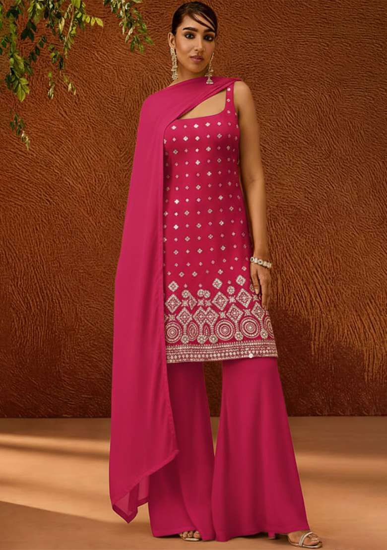 Rani Pink Embroidered Georgette Sharara Set - Indya