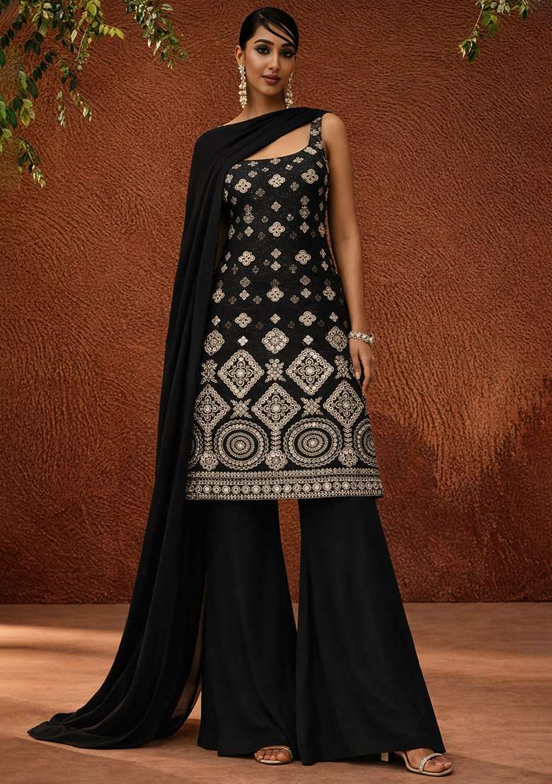 Black Embroidered Georgette Sharara Set - Indya