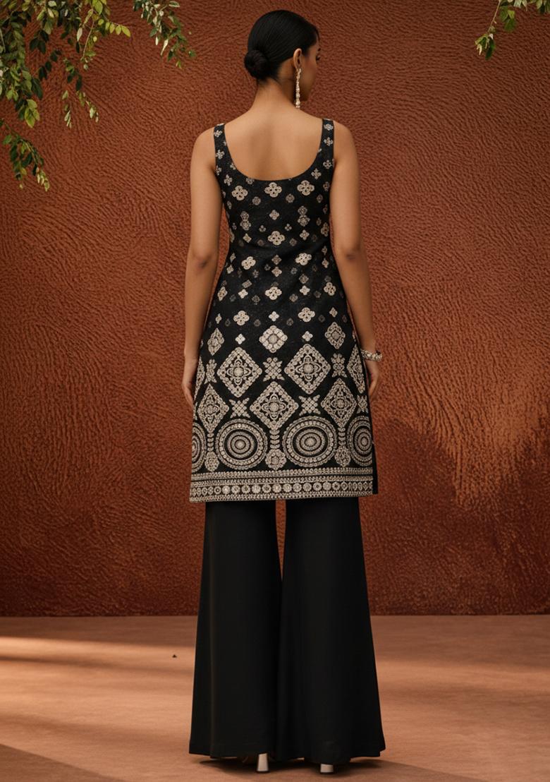 Black Embroidered Georgette Sharara Set - Indya