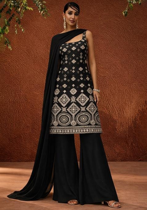 Black Embroidered Georgette Sharara Set