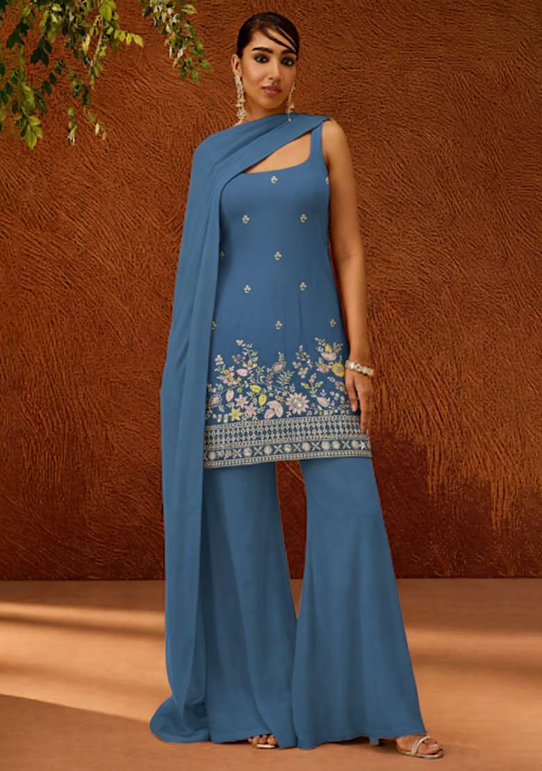 Blue Embroidered Denim Sharara Set - Indya