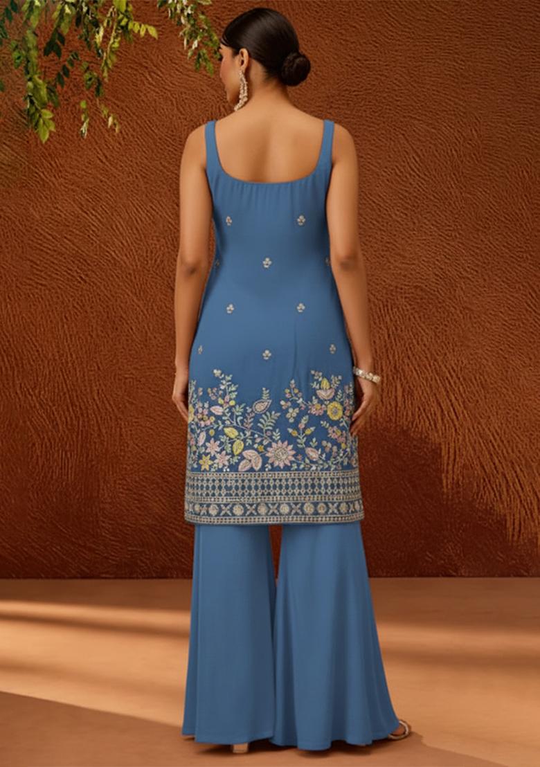 Blue Embroidered Denim Sharara Set - Indya