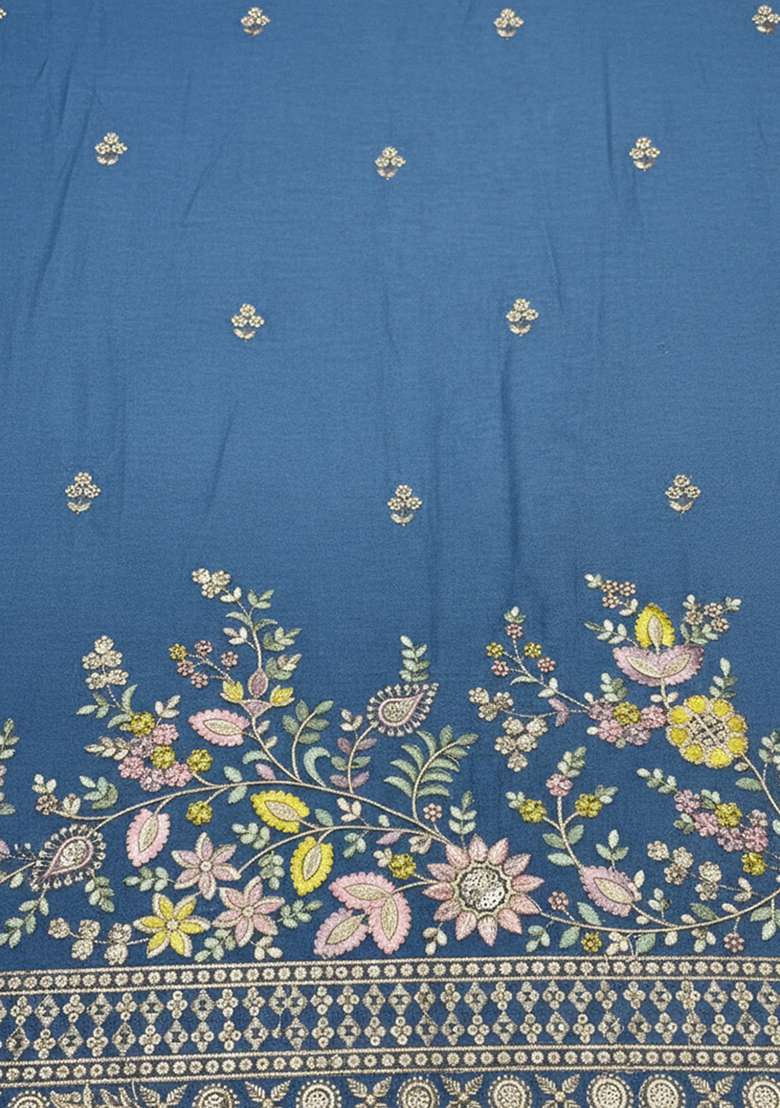 Blue Embroidered Denim Sharara Set - Indya