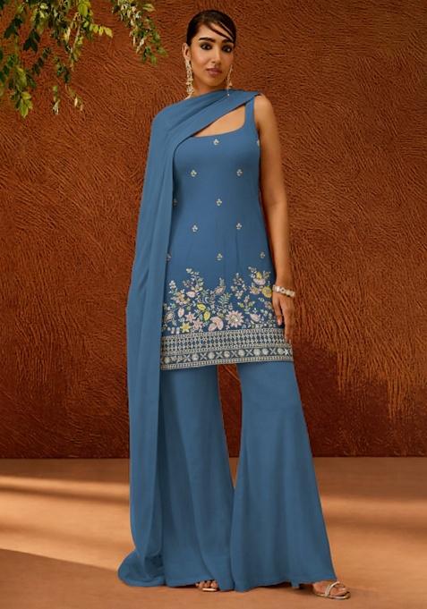 Blue Embroidered Denim Sharara Set