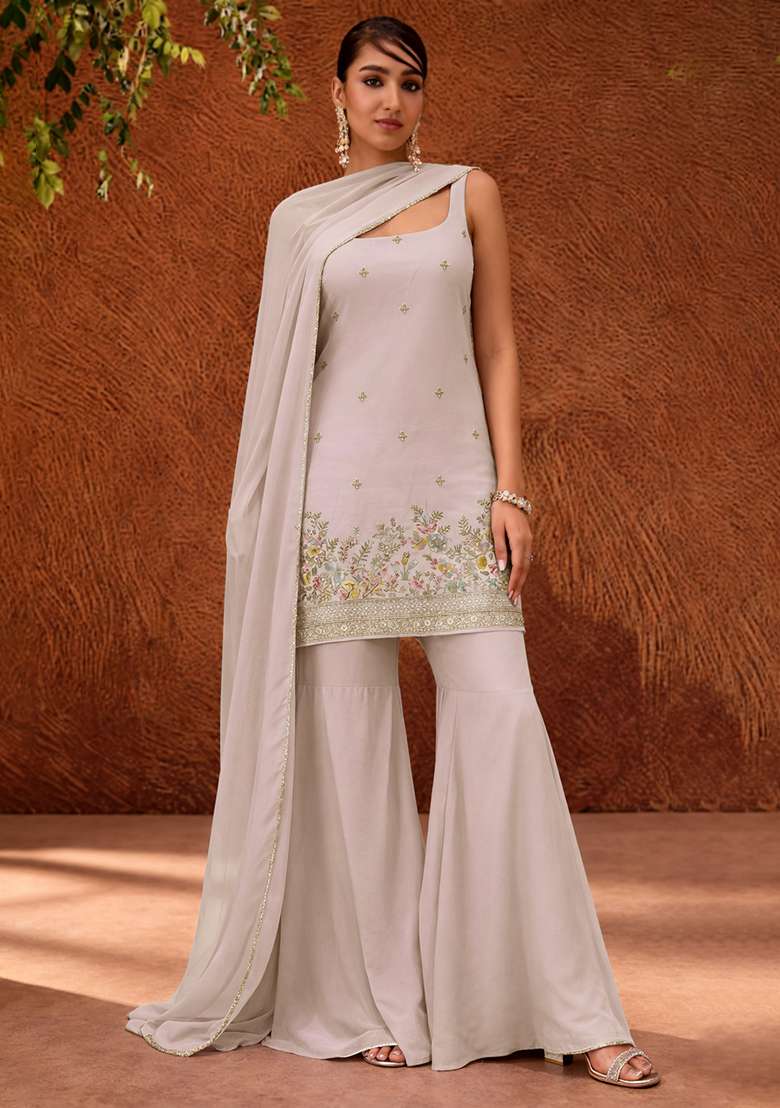 Lavender Embroidered Denim Sharara Set - Indya