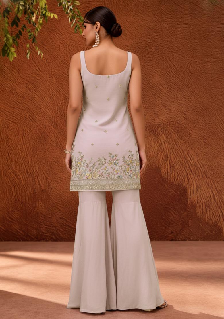 Lavender Embroidered Denim Sharara Set - Indya