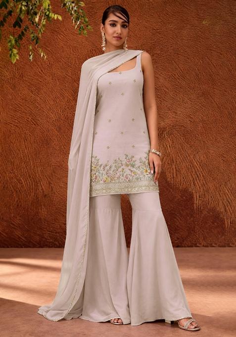 Lavender Embroidered Denim Sharara Set