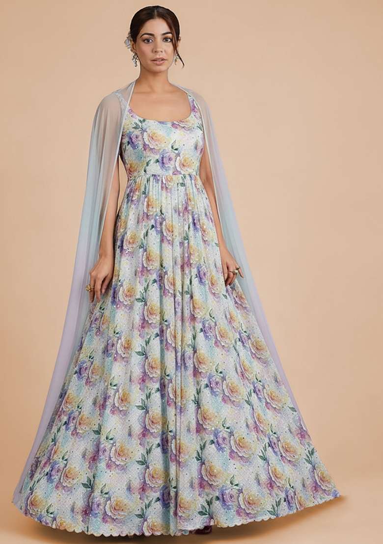 Off White Georgette Anarkali With Dupatta - Indya